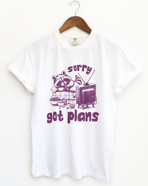 Hanging white color shirt with 'Sorry Got Plans' raccoon watching TV graphic design
